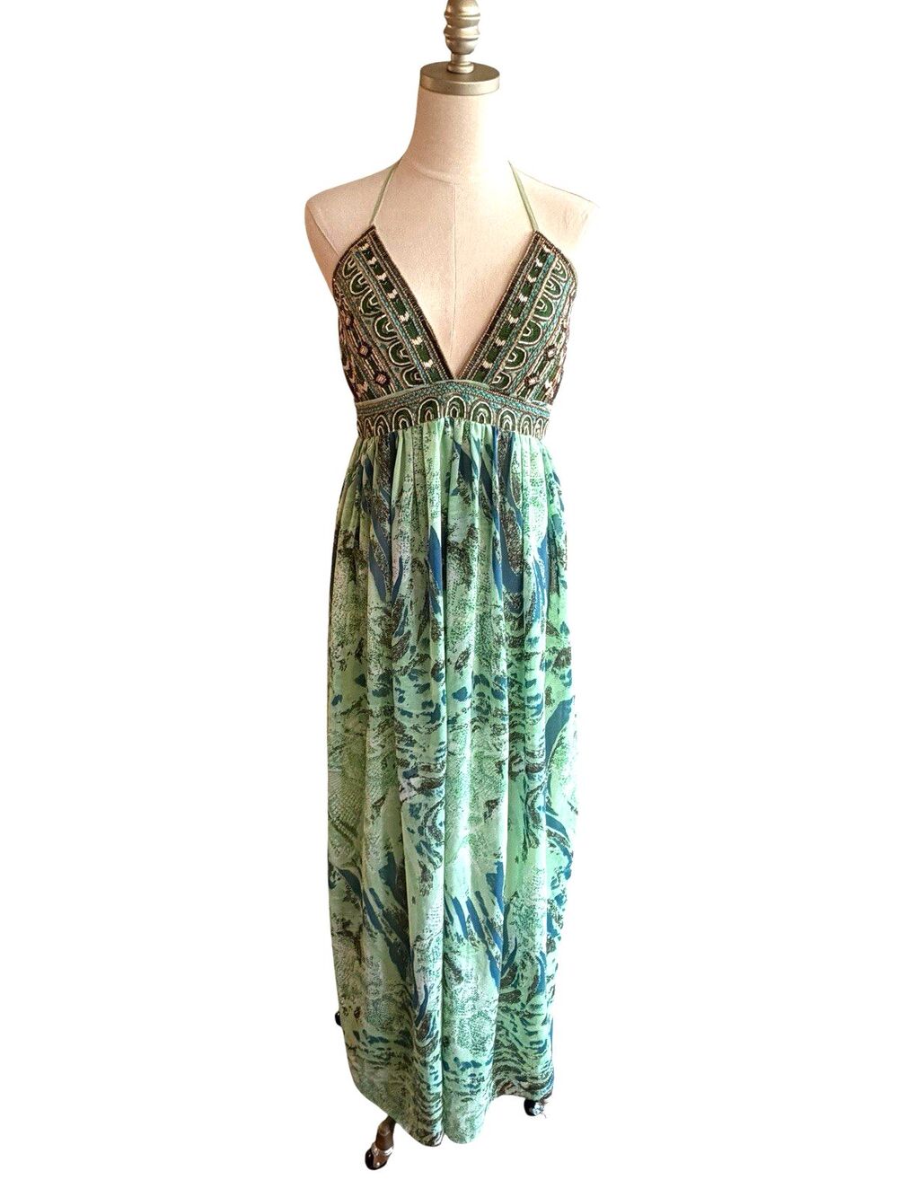 Boston Proper Womens Boho Hippie Beaded Maxi Dress Size 8 Resort Beachy Festival